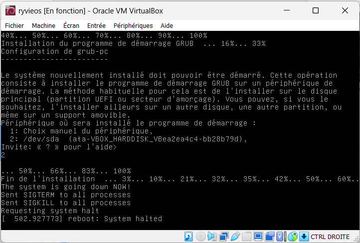 Fin de l'installation de base et fermeture de la VM