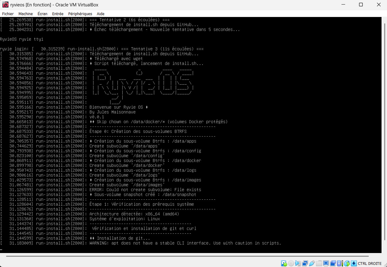 Script d'installation automatique RyvieOS en cours