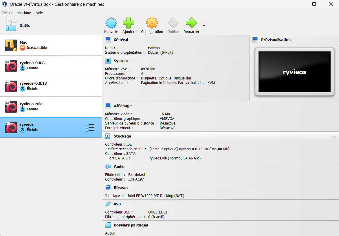 Récapitulatif de la configuration de la VM