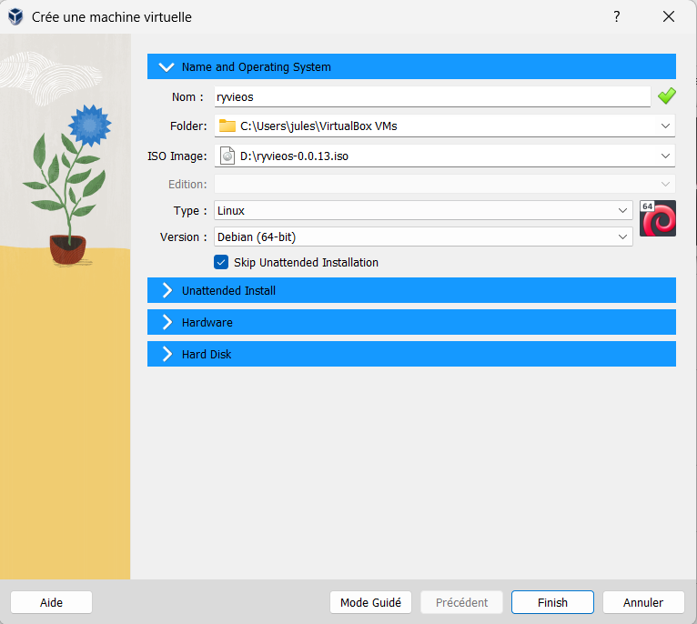 Configuration de la VM — nom, ISO, type Debian 64-bit