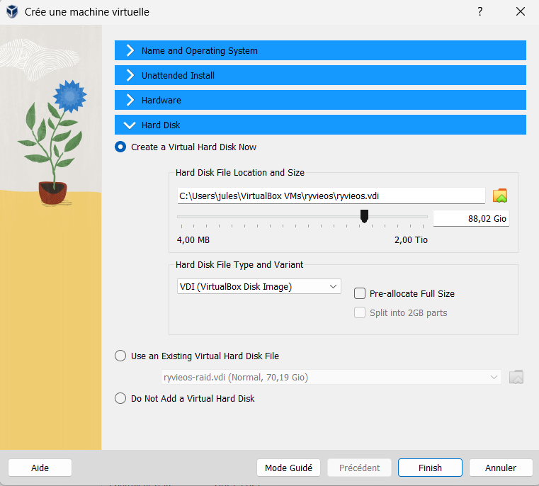 Configuration du disque dur dans VirtualBox